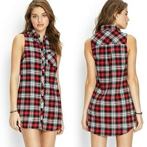 Flannel red tank button up dress